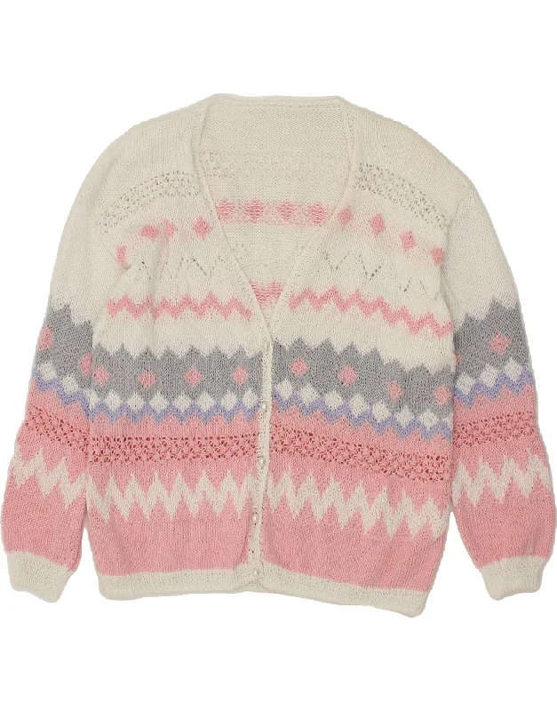 VINTAGE Womens Cardigan Sweater UK 14 Large Pink Fair Isle