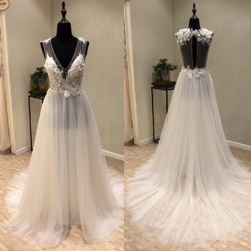 Cheap Tulle V-Neck Wedding Dresses, A-Line Open-Back Applique Wedding Dresses, KX1088