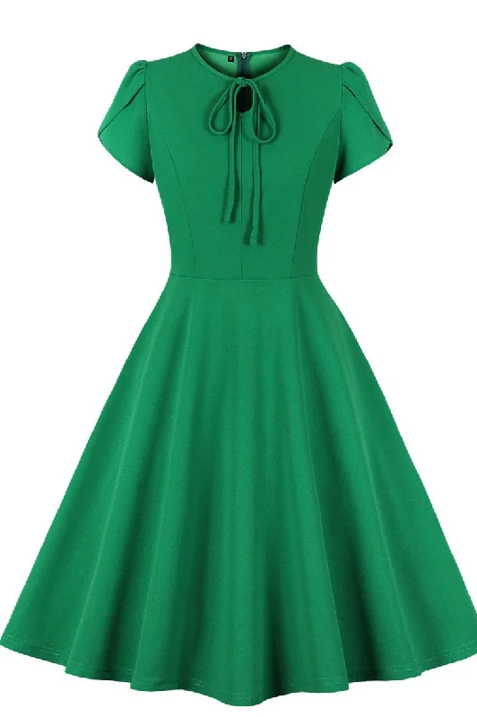 1950s Green Keyhole Short Sleeve A-Line Midi Dress