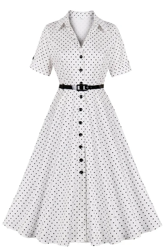 1950s White Polka Dot Lapel Midi Dress with Belt