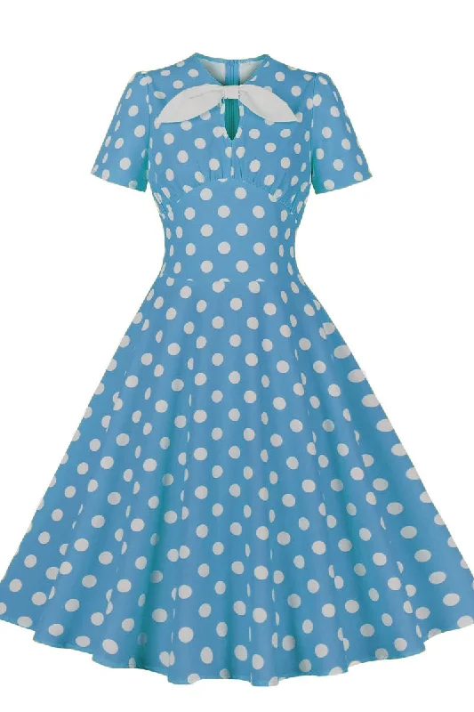 Audrey Hepburn' Style Polka Dot Short Sleeve Midi Dress