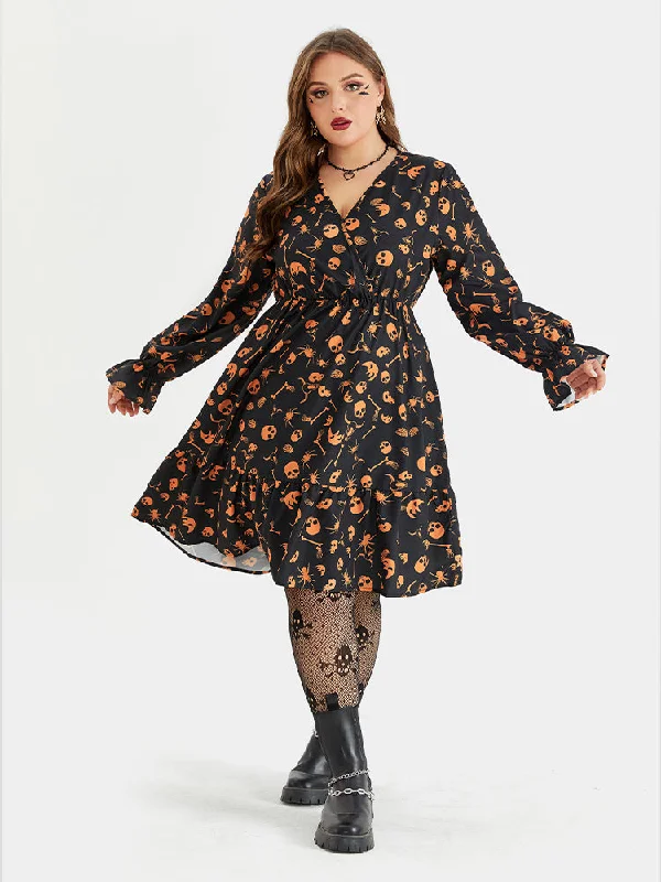 Halloween Skull Print Flounce Sleeve Pocket Midi Dress