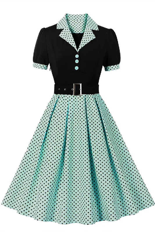 Mint Green Polka Dot Lapel Midi Dress with Belt