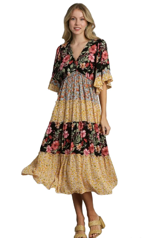 Mixed Floral Print Bohemian Midi Dress, Black