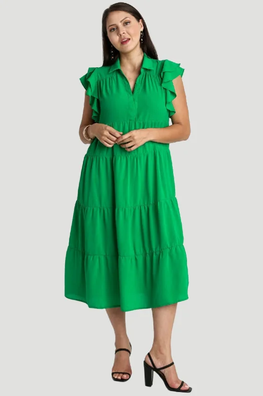 Tiered Ruffle Sleeve Midi Dress, Green