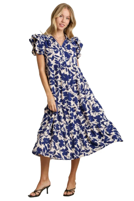 Two Tone Floral Midi Dress, Navy