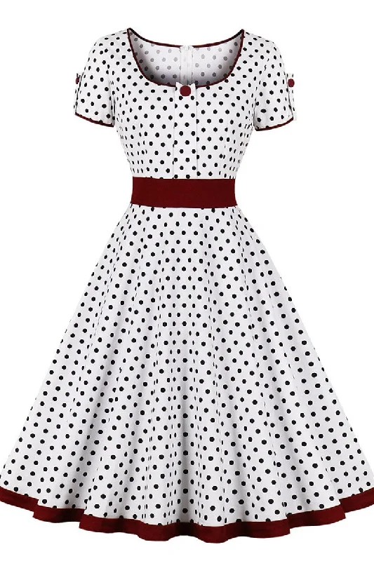 Vintage Polka Dot Short Sleeve A-Line Midi Dress