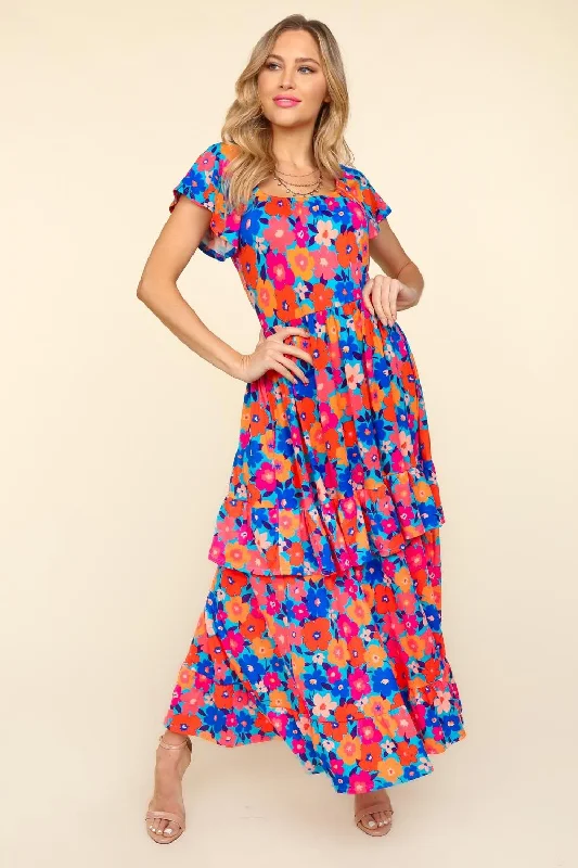 Floral Maxi Ruffled Dress with Side Pockets in Blue/Orange