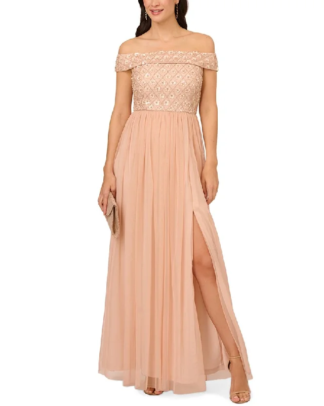 Adrianna Papell Off Shoulder Beaded Mesh Gown