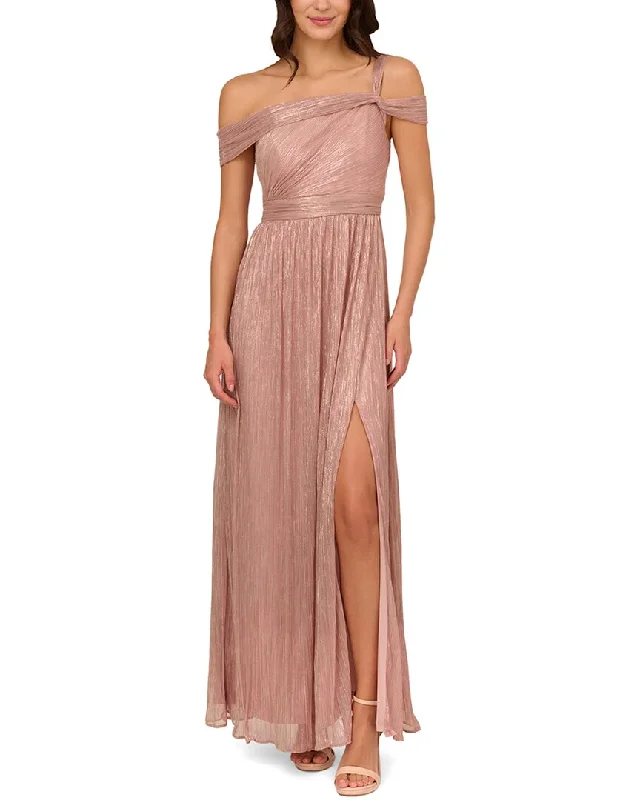 Adrianna Papell Crinkle Metallic Asymmetric Gown