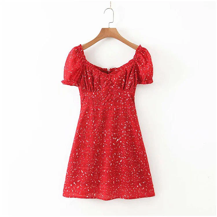 Versatile French V-neck single breasted bubble sleeve Floral Dress 7094