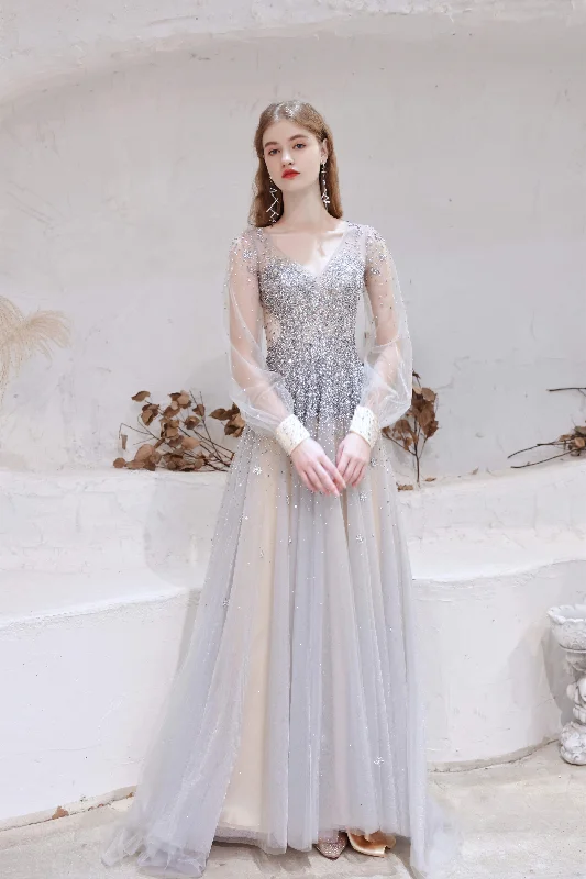 A Line V-Neck Long Sleeve Beading Tulle Court Train Corset Prom Dresses outfit