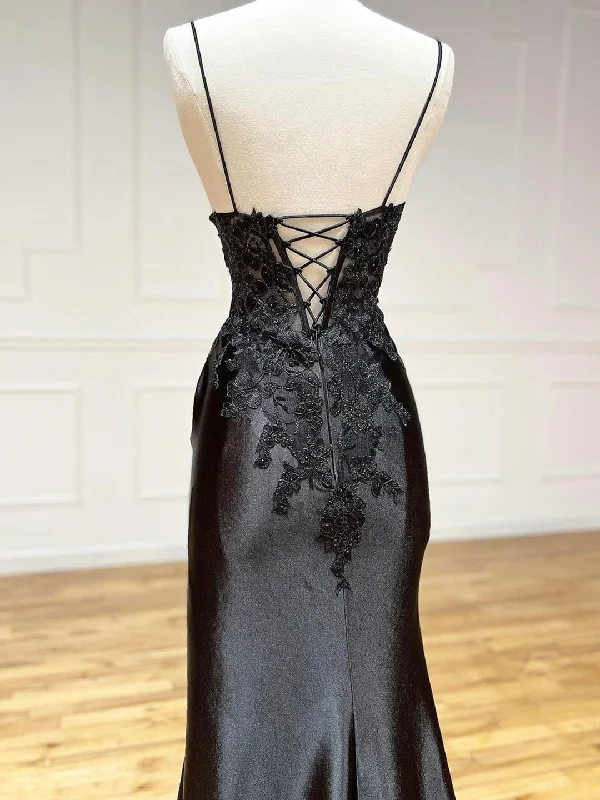 Black V-Neck Satin Lace Long Prom Dress, Black Spaghetti Strap Evening Dress with Slit