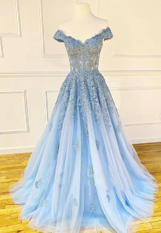 Blue Lace Off the Shoulder Prom Dresses, A-Line Evening Dresses