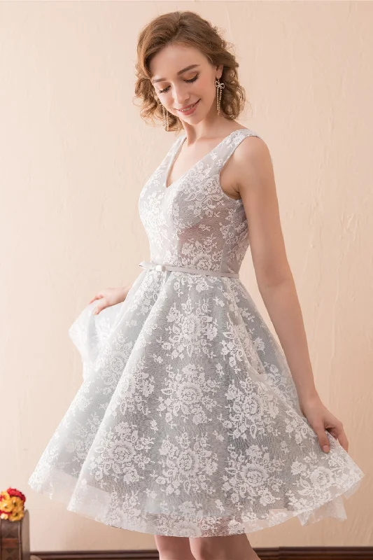 Lace V Neck Grey Short Corset Homecoming Dresses with Ribbon Gowns