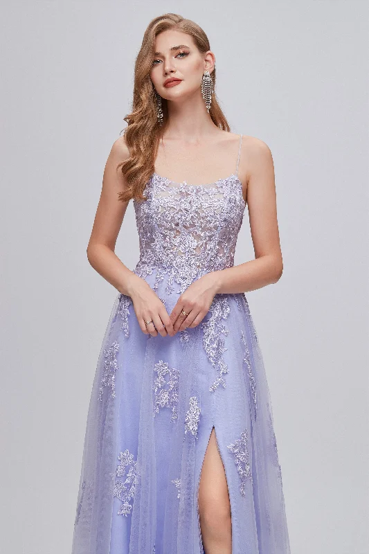 Lilac Appliques Lace-Up A-Line Long Corset Prom Dresses with Slit Gowns