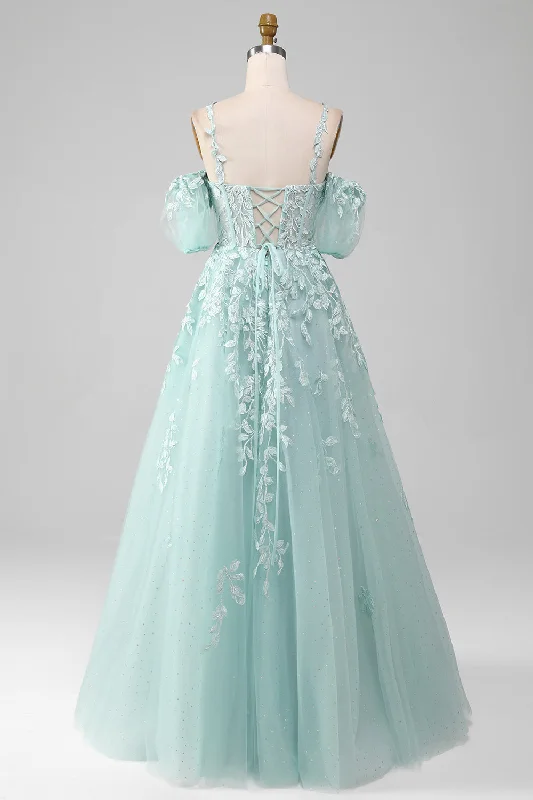 Mint A Line Tulle Off the Shoulder Lace Up Long Prom Dress With Appliques