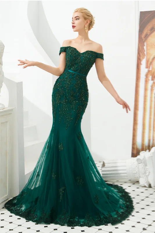 Off Shoulder Mermaid Dark Green Corset Formal Evening Dresses with Lace Outfits