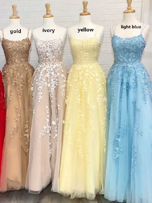 Princess Straps Long Prom Dress with Lace Appliques