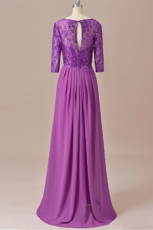 Purple Lace Round Neck Keyhole Back Long Mother of the Bride Dress