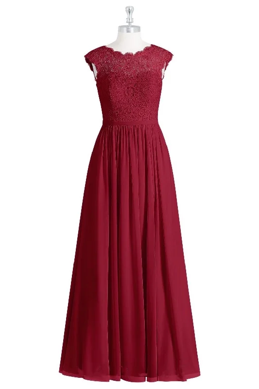 Red Lace Cap Sleeve A-Line Long Bridesmaid Dress