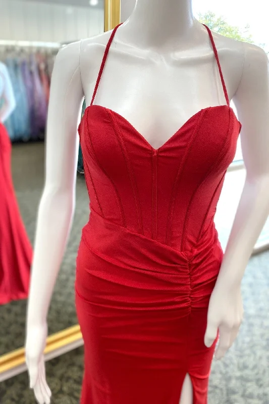 Red Mermaid Satin Pleated Lace-Up Long Prom Dress with Slit