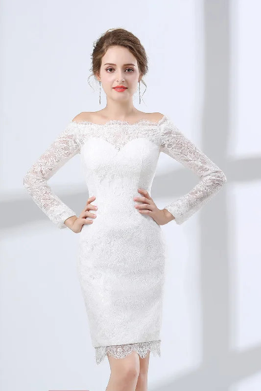 Sheath White Lace Off The Shoulder Long Sleeve Corset Prom Dresses outfit