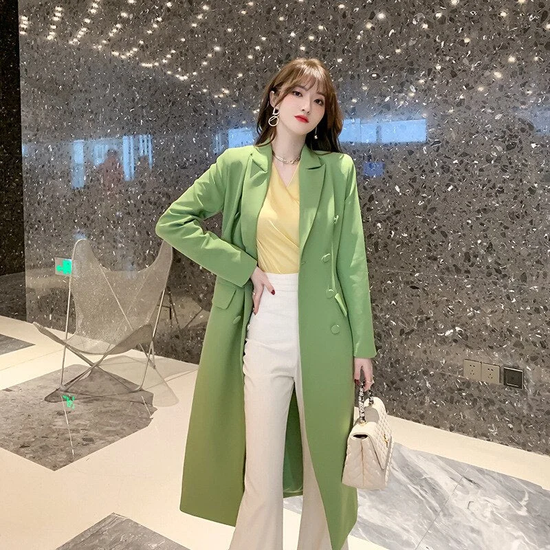 2022 Korean Style Singer Breasted Streetwear   Spring Winter Green Long Casual Blazer Coat Jacket for Women