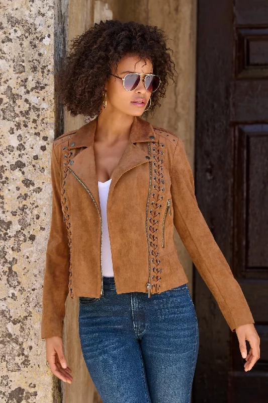 Faux Suede Lace Up Moto Jacket Cognac