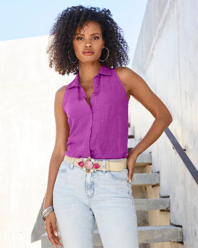 Linen Sleeveless Button-Front Shirt Purple Cactus Flower