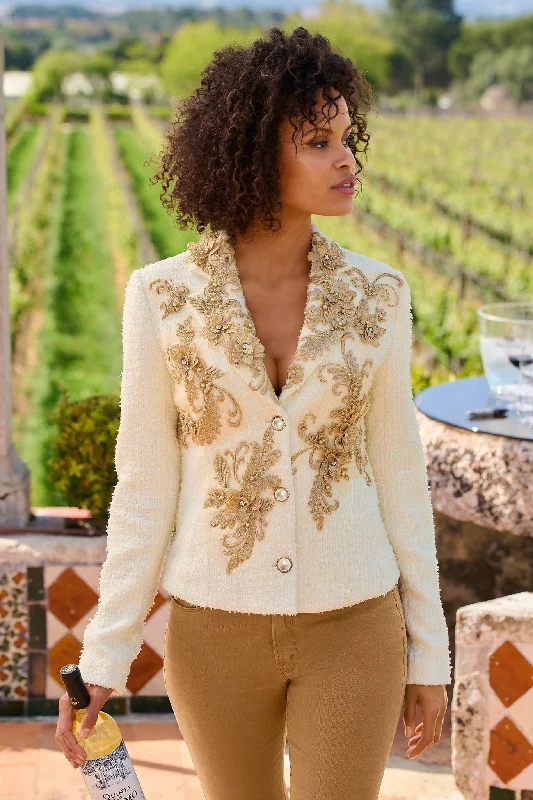 Metallic Floral Appliqu Tweed Parisian Jacket Off White/Gold